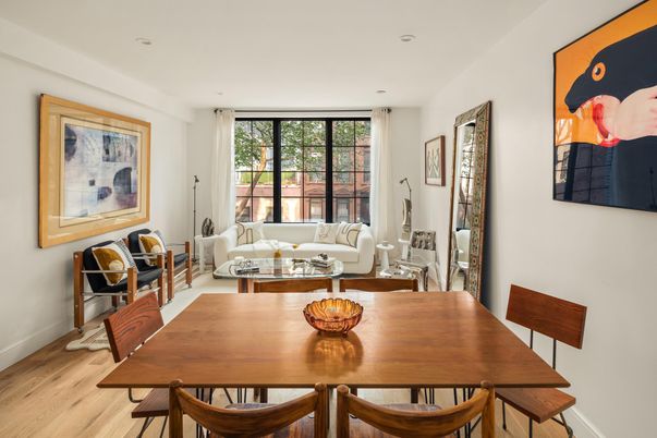 Dining room, Interior, Living room, Recessed Lighting, Wood Texture Flooring