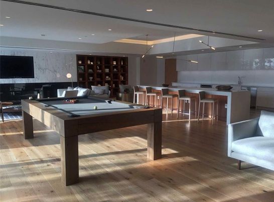 Billiard Table, Fireplace, Game Room, Interior, Living room, Pendant Lights, Recessed Lighting, Wood Texture Flooring