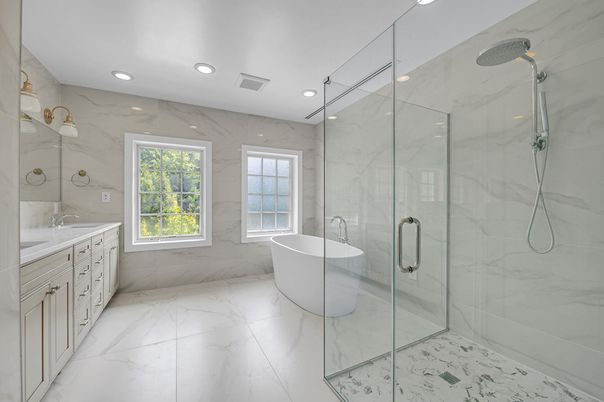 Bathroom, Dual Sink Vanities, Free Standing Baths, Glass Shower, Interior, Marble, Marble Walls, Recessed Lighting