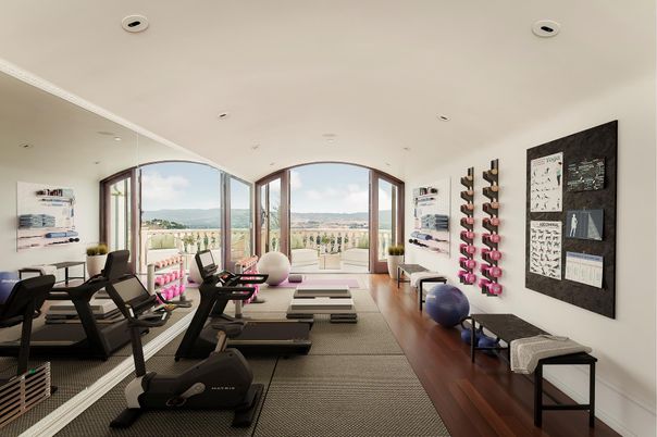 Fitness Equipment, Gym, Interior, Recessed Lighting, Wood Texture Flooring