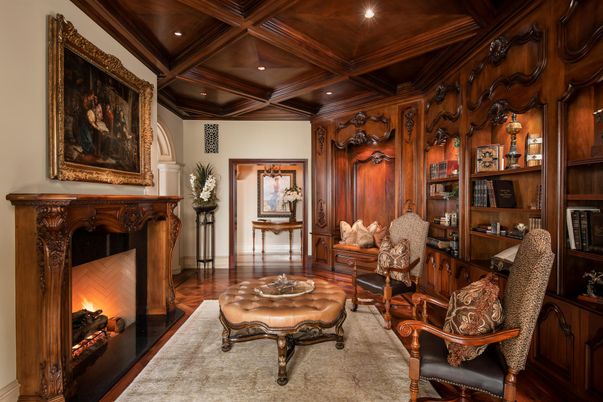 Fireplace, Home Office, Interior, Recessed Lighting, Wooden Beams, Wooden Ceilings, Wood Texture Flooring, Wooden Walls
