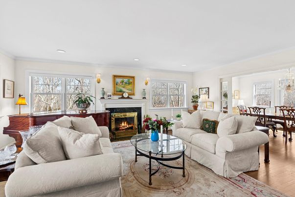 Chandelier, Dining room, Fireplace, Interior, Living room, Recessed Lighting, Wood Texture Flooring