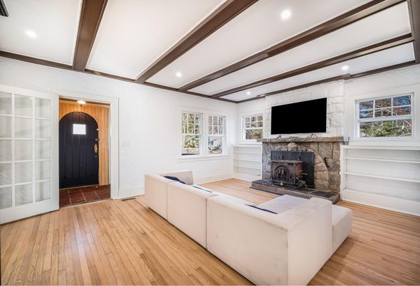 Fireplace, Interior, Living room, Recessed Lighting, Wooden Beams, Wood Texture Flooring