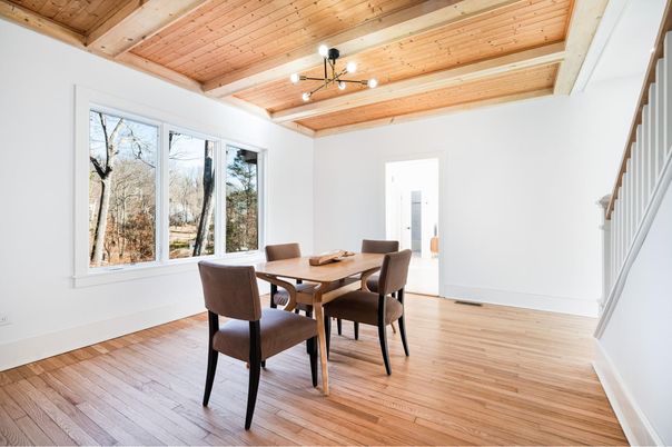 Dining room, Interior, Pendant Lights, Wooden Beams, Wooden Ceilings, Wood Texture Flooring