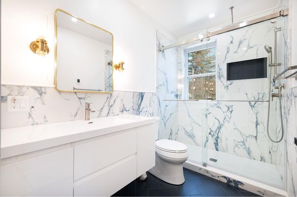Bathroom, Glass Shower, Interior, Marble Walls, Recessed Lighting, Wood Texture Flooring