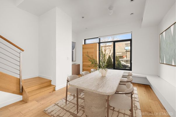 Dining room, Interior, Recessed Lighting, Wood Texture Flooring