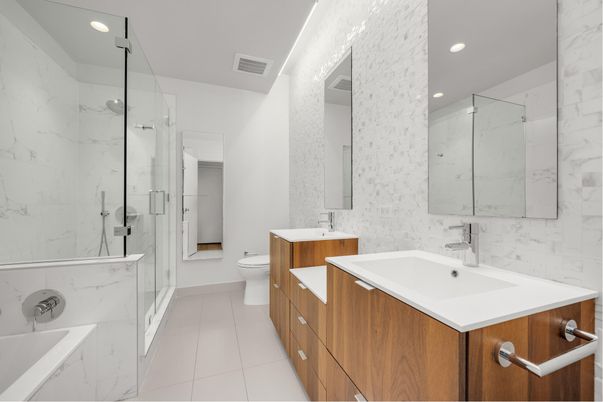 Bathroom, Dual Sink Vanities, Glass Shower, Interior, Marble Walls, Recessed Lighting