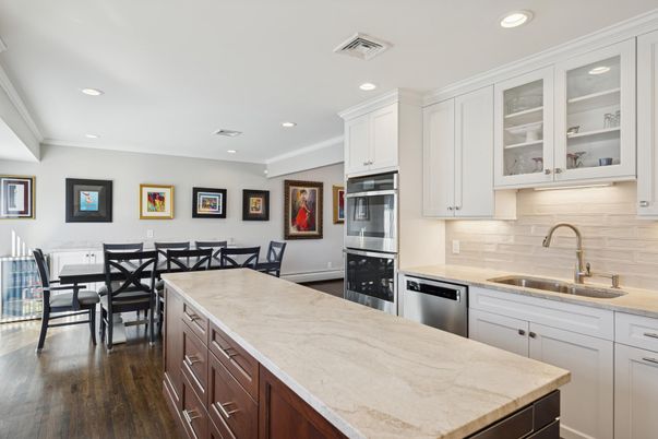 Dining room, Interior, Kitchen, Recessed Lighting, Stainless Steel Appliances, Wood Texture Flooring