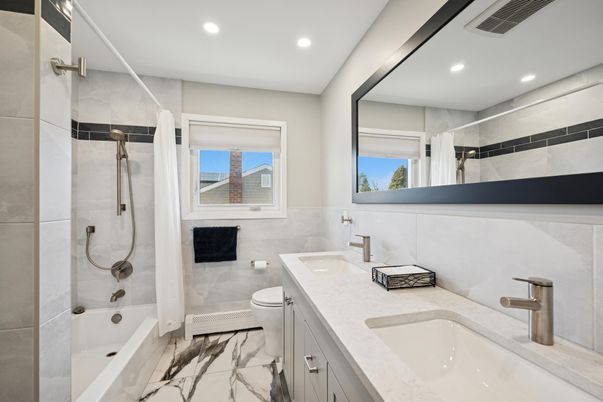 Bathroom, Dual Sink Vanities, Interior, Marble, Recessed Lighting