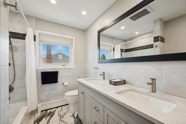 Bathroom, Dual Sink Vanities, Interior, Marble, Recessed Lighting