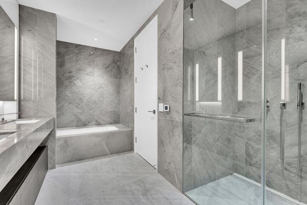 Bathroom, Glass Shower, Interior, Marble Walls, Recessed Lighting