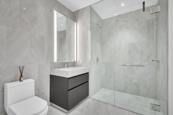 Bathroom, Glass Shower, Interior, Marble Walls, Recessed Lighting