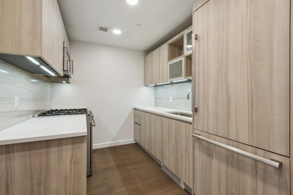 Interior, Kitchen, Marble Walls, Recessed Lighting, Wood Texture Flooring