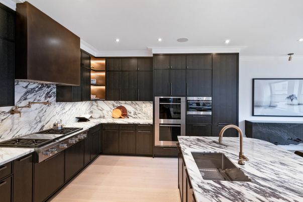 Interior, Kitchen, Marble Walls, Recessed Lighting, Stainless Steel Appliances, Wood Texture Flooring