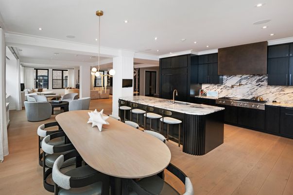 Dining room, Interior, Kitchen, Living room, Marble Walls, Pendant Lights, Recessed Lighting, Stainless Steel Appliances, Wood Texture Flooring