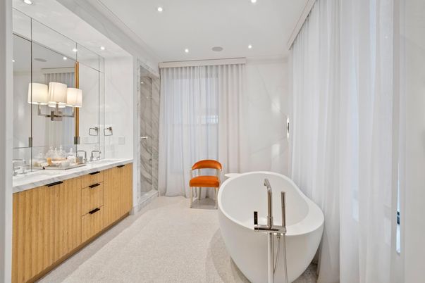 Bathroom, Dual Sink Vanities, Free Standing Baths, Interior, Marble Walls, Recessed Lighting