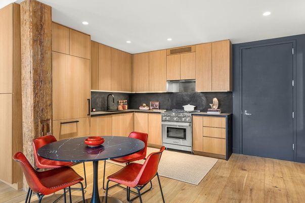 Dining room, Interior, Kitchen, Recessed Lighting, Stainless Steel Appliances, Wood Texture Flooring