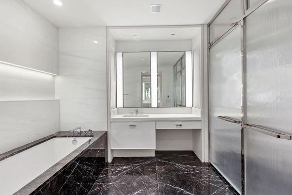 Bathroom, Dual Sink Vanities, Interior, Marble, Marble Walls, Recessed Lighting
