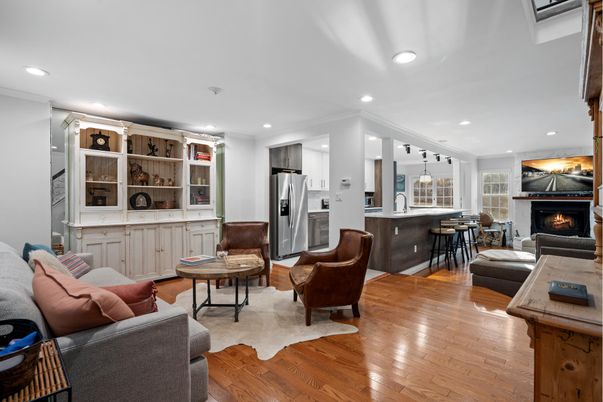 Fireplace, Interior, Kitchen, Living room, Recessed Lighting, Stainless Steel Appliances, Wood Texture Flooring