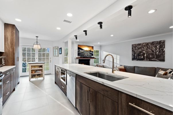 Fireplace, Interior, Kitchen, Pendant Lights, Recessed Lighting, Stainless Steel Appliances