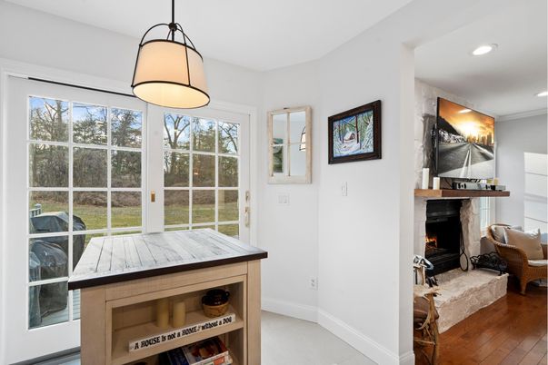 Fireplace, Interior, Pendant Lights, Recessed Lighting, Wood Texture Flooring