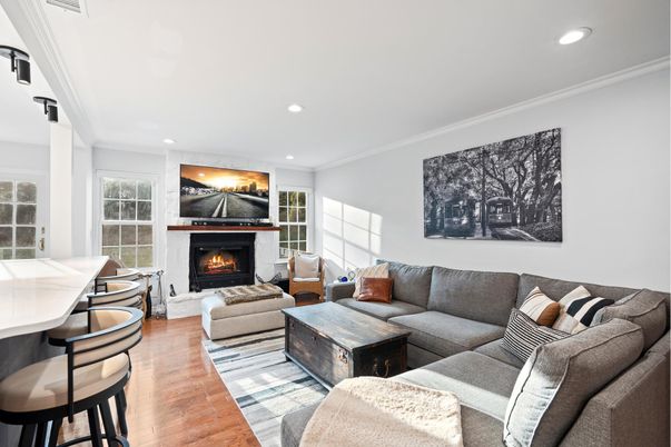 Fireplace, Interior, Living room, Recessed Lighting, Wood Texture Flooring