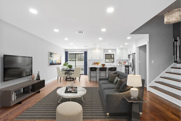 Dining room, Interior, Kitchen, Living room, Pendant Lights, Recessed Lighting, Stainless Steel Appliances, Wood Texture Flooring