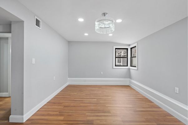 Chandelier, Empty room, Interior, Recessed Lighting, Wood Texture Flooring