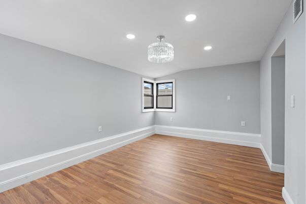 Chandelier, Empty room, Interior, Recessed Lighting, Wood Texture Flooring