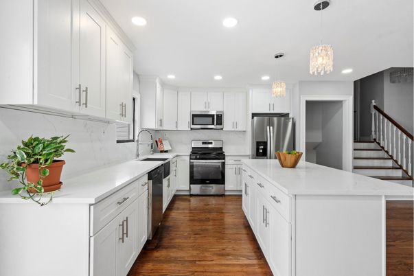 Interior, Kitchen, Pendant Lights, Recessed Lighting, Stainless Steel Appliances, Wood Texture Flooring