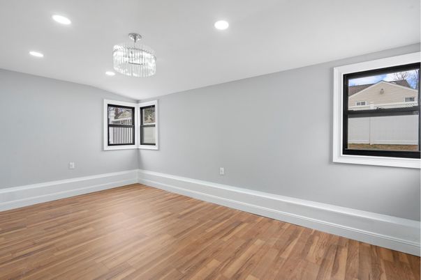 Chandelier, Empty room, Interior, Recessed Lighting, Wood Texture Flooring