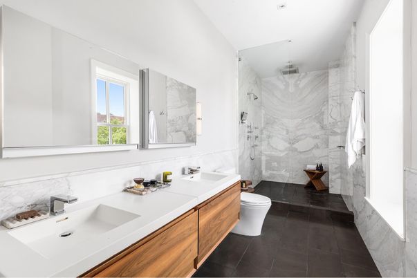 Bathroom, Dual Sink Vanities, Glass Shower, Interior, Marble Walls