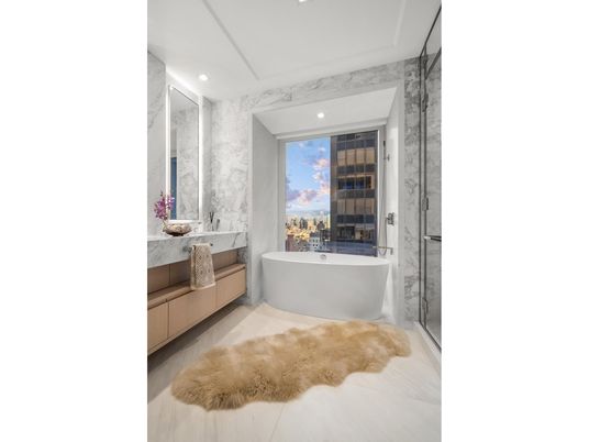 Bathroom, Free Standing Baths, Glass Shower, Interior, Marble, Marble Walls, Recessed Lighting