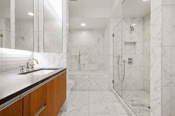 Bathroom, Glass Shower, Interior, Marble, Marble Walls, Recessed Lighting