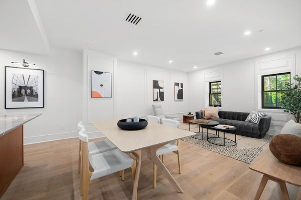 Dining room, Interior, Living room, Recessed Lighting, Wood Texture Flooring