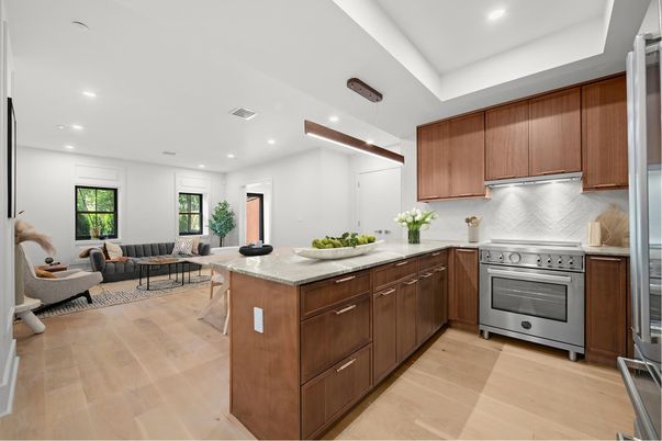 Dining room, Interior, Kitchen, Living room, Recessed Lighting, Stainless Steel Appliances, Wood Texture Flooring