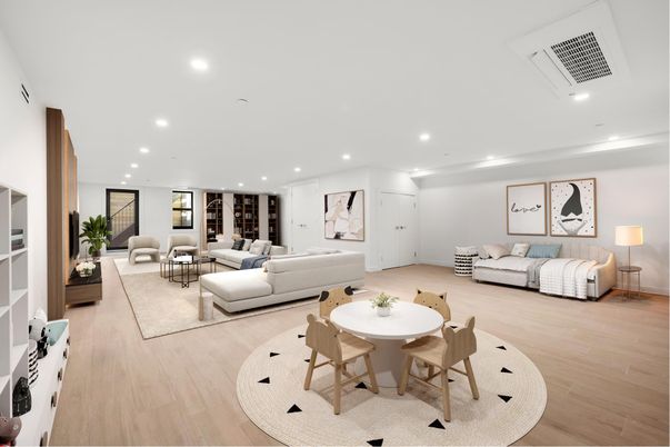 Dining room, Interior, Living room, Recessed Lighting, Wood Texture Flooring