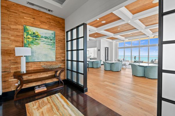 Interior, Living room, Recessed Lighting, Water, Wood Texture Flooring, Wooden Walls