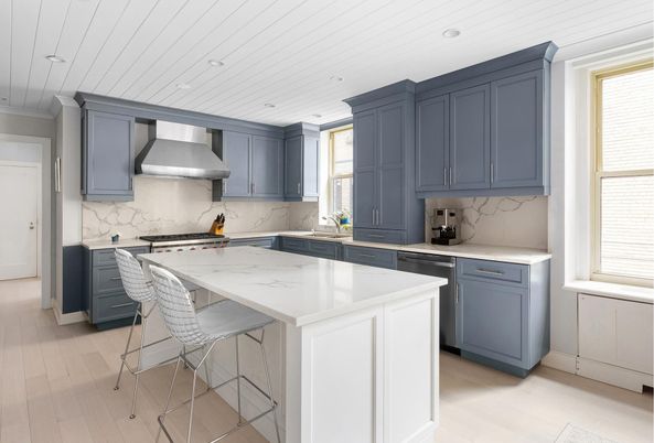 Interior, Kitchen, Marble Walls, Recessed Lighting, Stainless Steel Appliances, Wood Texture Flooring
