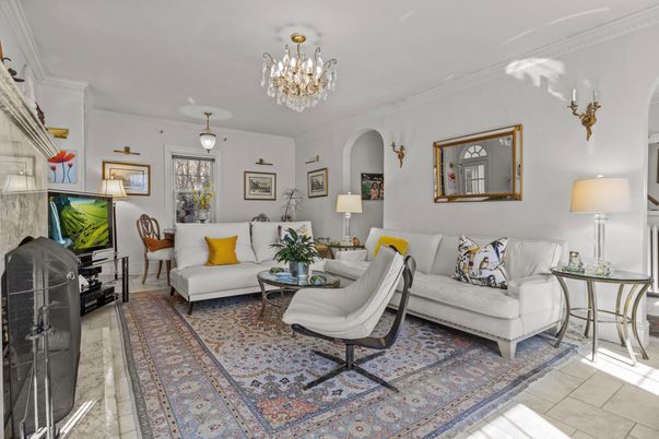 Chandelier, Fireplace, Interior, Living room