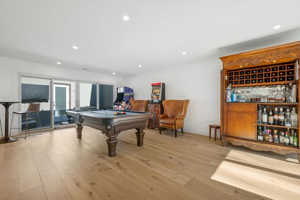 Billiard Table, Game Room, Interior, Recessed Lighting, Wood Texture Flooring