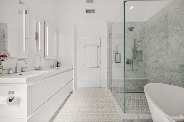 Bathroom, Dual Sink Vanities, Free Standing Baths, Glass Shower, Interior, Marble Walls, Recessed Lighting