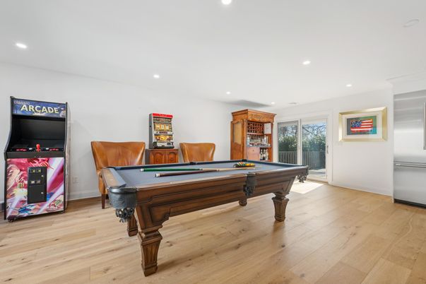 Billiard Table, Game Room, Interior, Recessed Lighting, Wood Texture Flooring