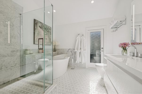 Bathroom, Dual Sink Vanities, Free Standing Baths, Glass Shower, Interior, Marble Walls, Recessed Lighting