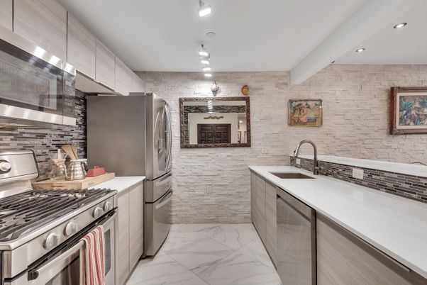 Interior, Kitchen, Marble, Pendant Lights, Recessed Lighting, Stainless Steel Appliances, Stone Walls