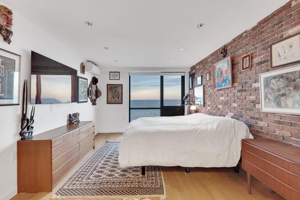 Bedroom, Interior, Recessed Lighting, Stone Walls, Water, Wood Texture Flooring
