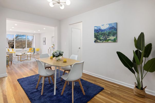 Dining room, Interior, Recessed Lighting, Wood Texture Flooring