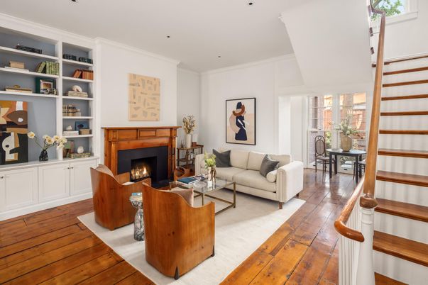 Dining room, Fireplace, Interior, Living room, Recessed Lighting, Wood Texture Flooring