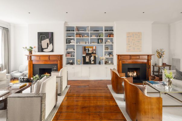 Fireplace, Interior, Living room, Recessed Lighting, Wood Texture Flooring
