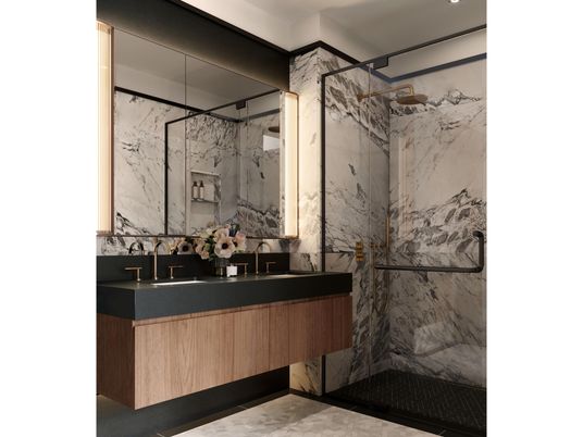 Bathroom, Dual Sink Vanities, Glass Shower, Interior, Marble Walls, Recessed Lighting